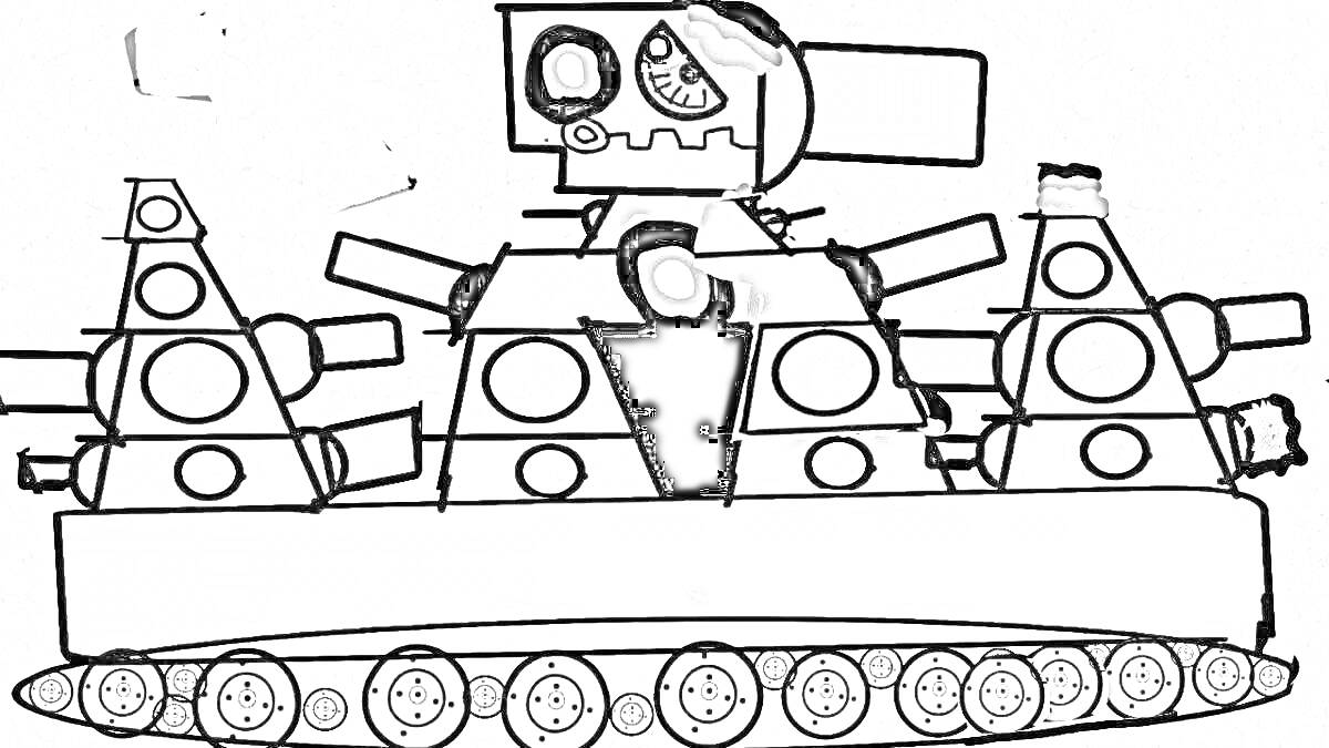 Раскраска Боевой танк с тремя башнями и гусеницами