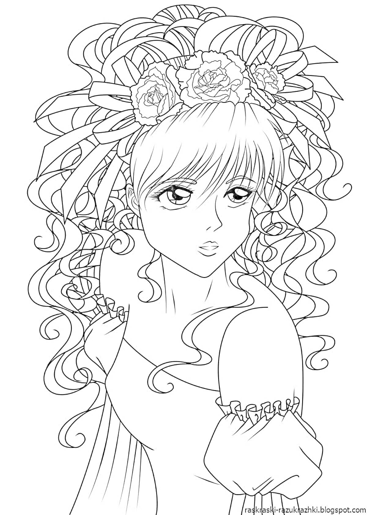Раскраска Девушка с длинными волнистыми волосами и цветочным венком