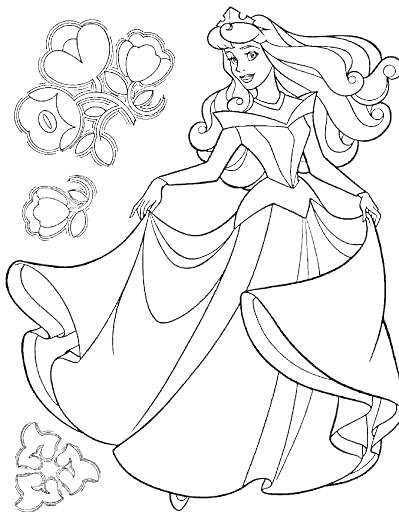 На раскраске изображено: Принцесса, Аврора, Платье, Цветы, Длинные волосы, Корона, Сердца
