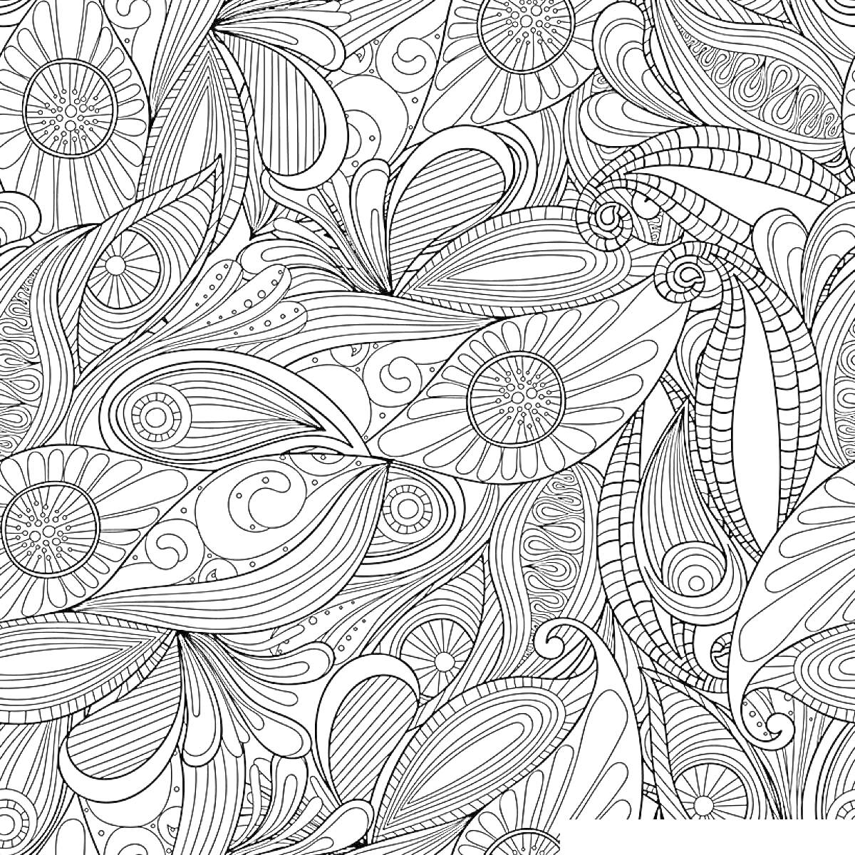 Раскраска Узор с большими цветами и сложными орнаментами из листьев и завитков