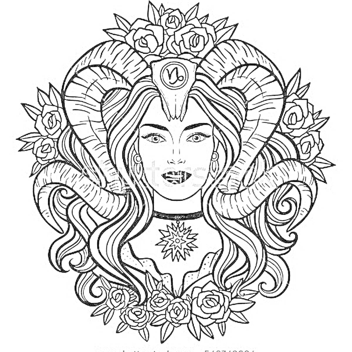 На раскраске изображено: Козерог, Знак зодиака, Женщина, Рога, Цветы