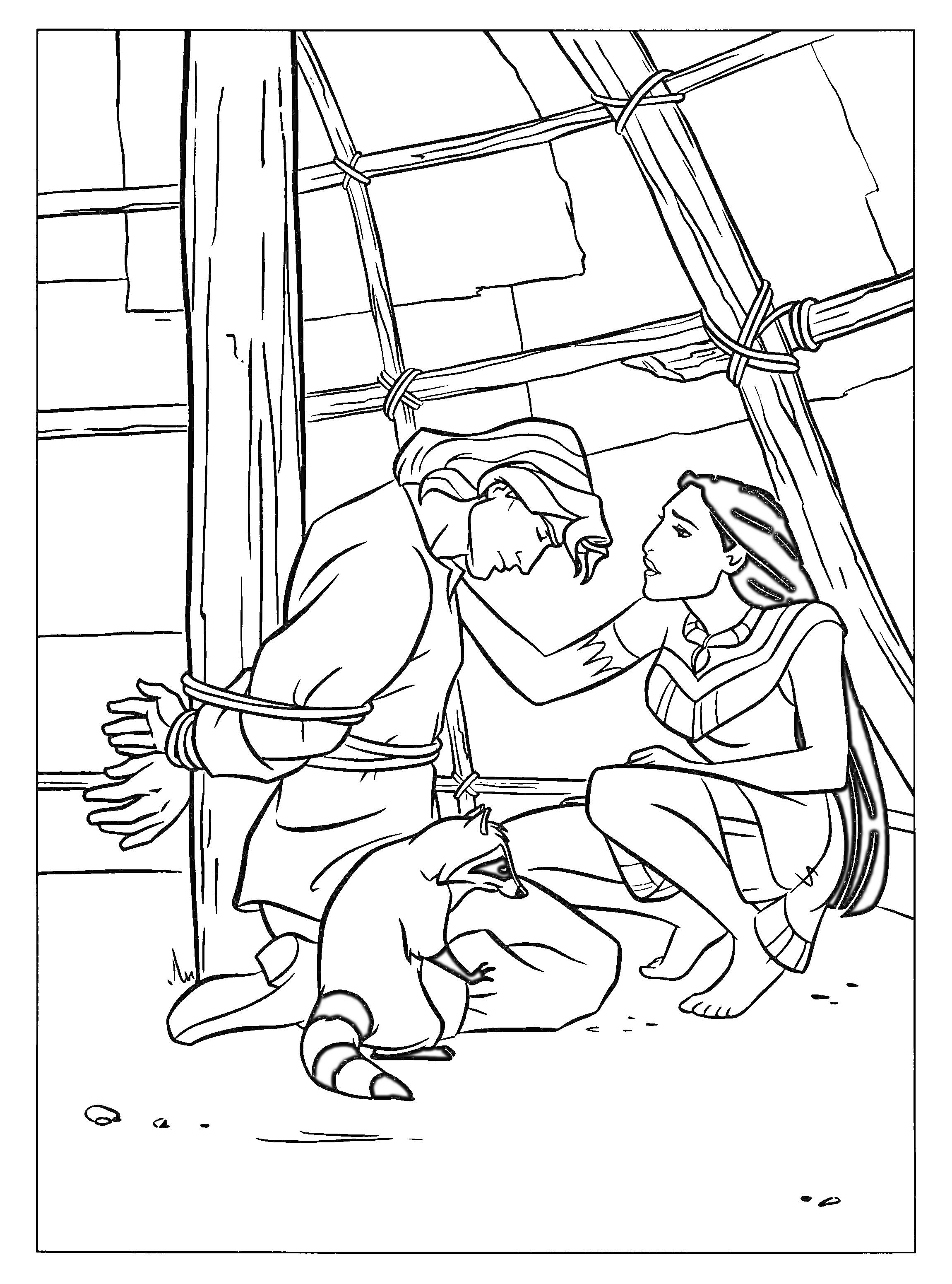 Раскраска Покахонтас, мужчина привязан к столбу, Покахонтас разговаривает с ним, енот у ног мужчины
