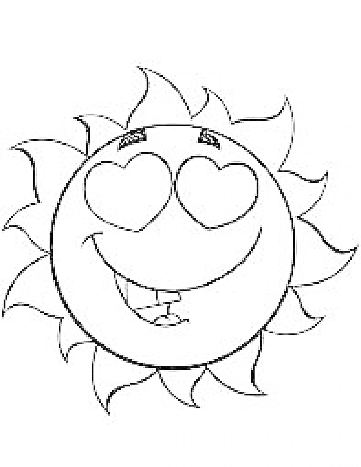 Раскраска Солнышко с сердечками вместо глаз и улыбающимся ртом