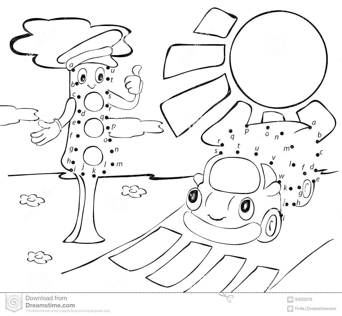 На раскраске изображено: Светофор, Пешеходный переход, Солнце, Для детей, Авто, Дороги