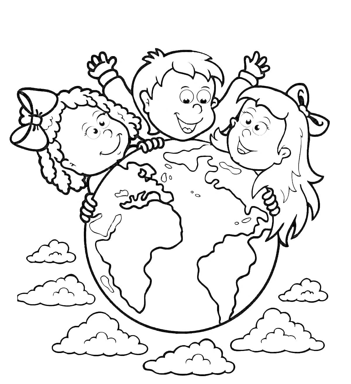 Раскраска Дети вокруг земного шара с облаками