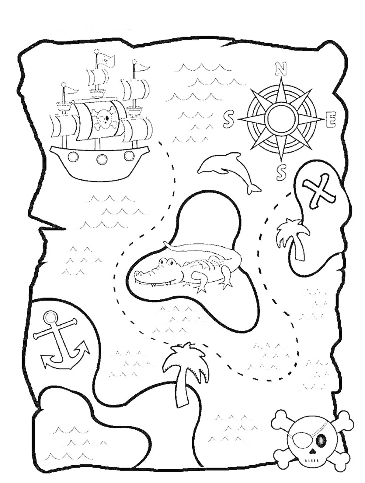Раскраска Карта сокровищ с кораблём, компасом, аллигатором, дельфином, крестом, якорем, пальмами и черепом с перекрещенными костями