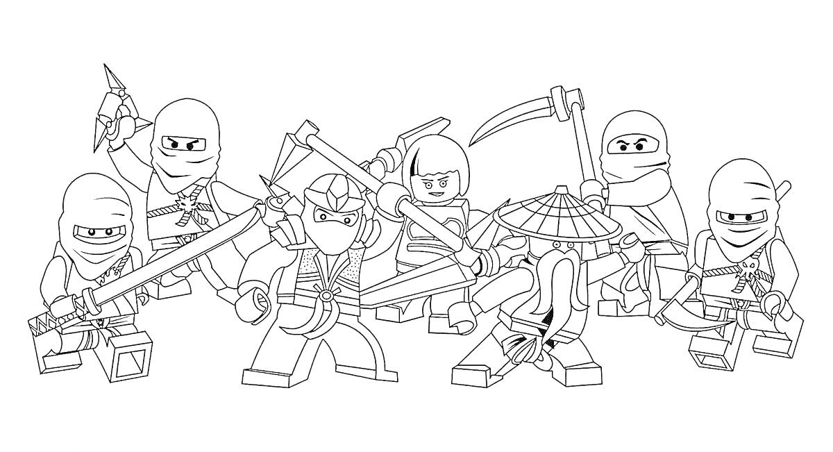 Шесть ниндзя с оружием, включая мечи, серпы, сюрикены и посохи