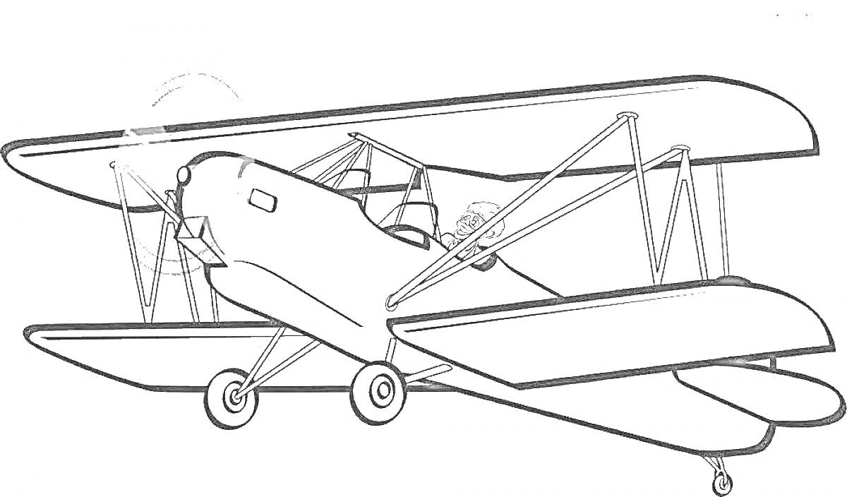 На раскраске изображено: Биплан, Летательный аппарат, Авиация, Крылья, Хвост, Колёса, Аэродинамика