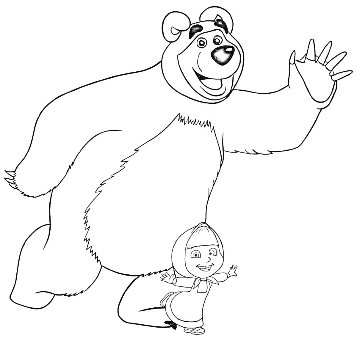 На раскраске изображено: Медведь, Девочка, Приветствие, Из мультфильмов, Друзья, Платок