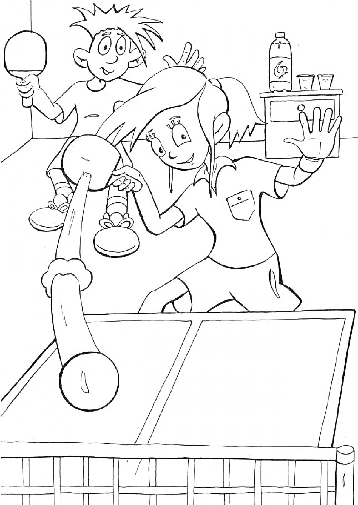 Раскраска Два ребенка играют в настольный теннис, рядом бутылка и стаканчики на столе