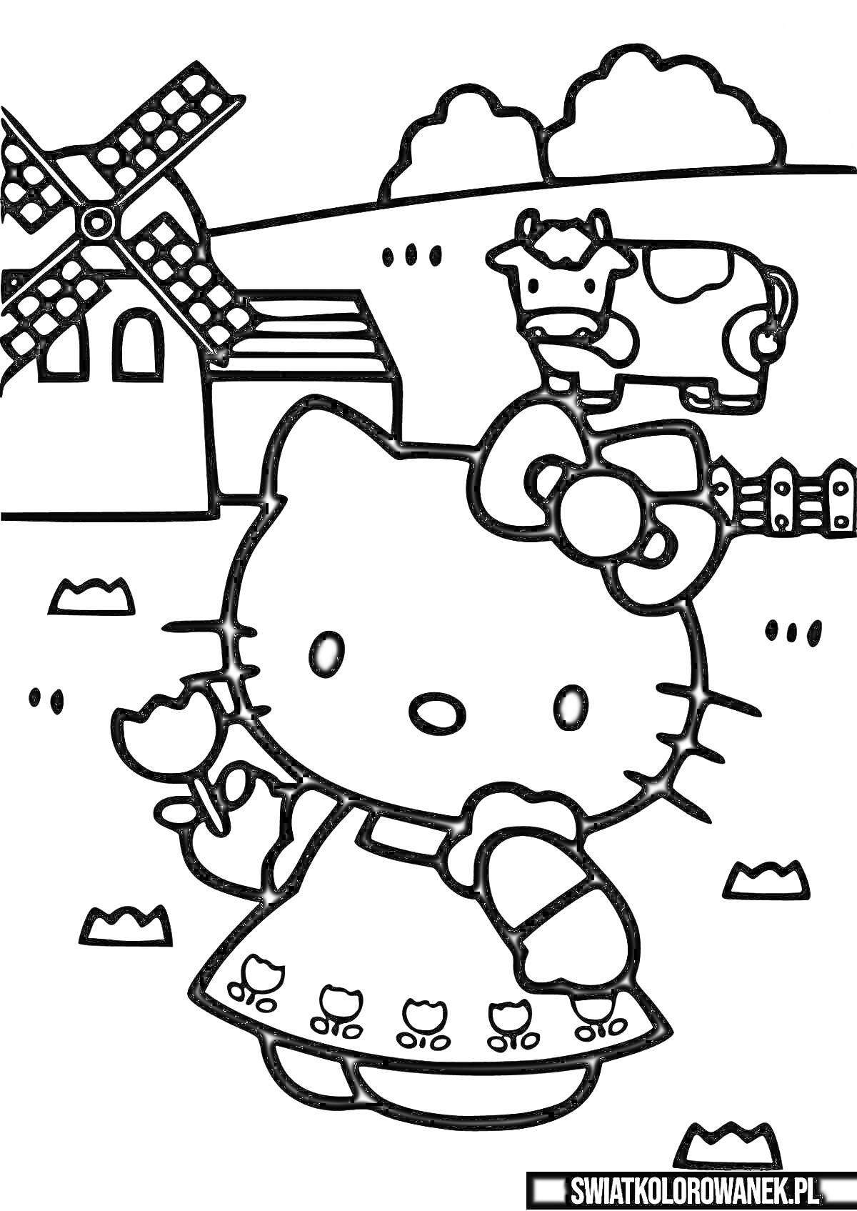 Раскраска Hello Kitty с цветком на ферме, ветеряная мельница, корова, забор и деревья на заднем плане