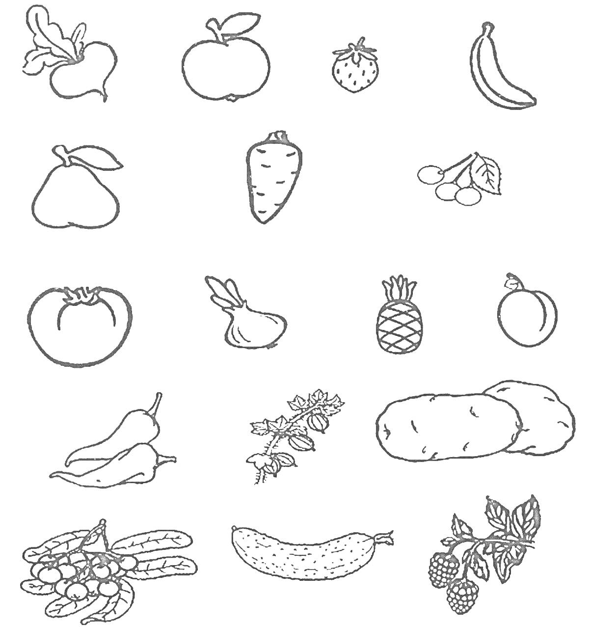 Растительная жизнь: яблоко, клубника, банан, груша, морковь, виноград, томат, лук, ананас, апельсин, перец, картофель, вишня, овощные растения, огурец, малина.