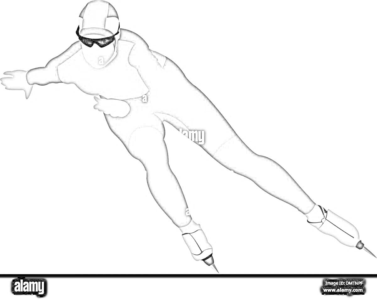 Раскраска Человек в костюме для шорт трека, на коньках, выполняющий маневр в наклоне
