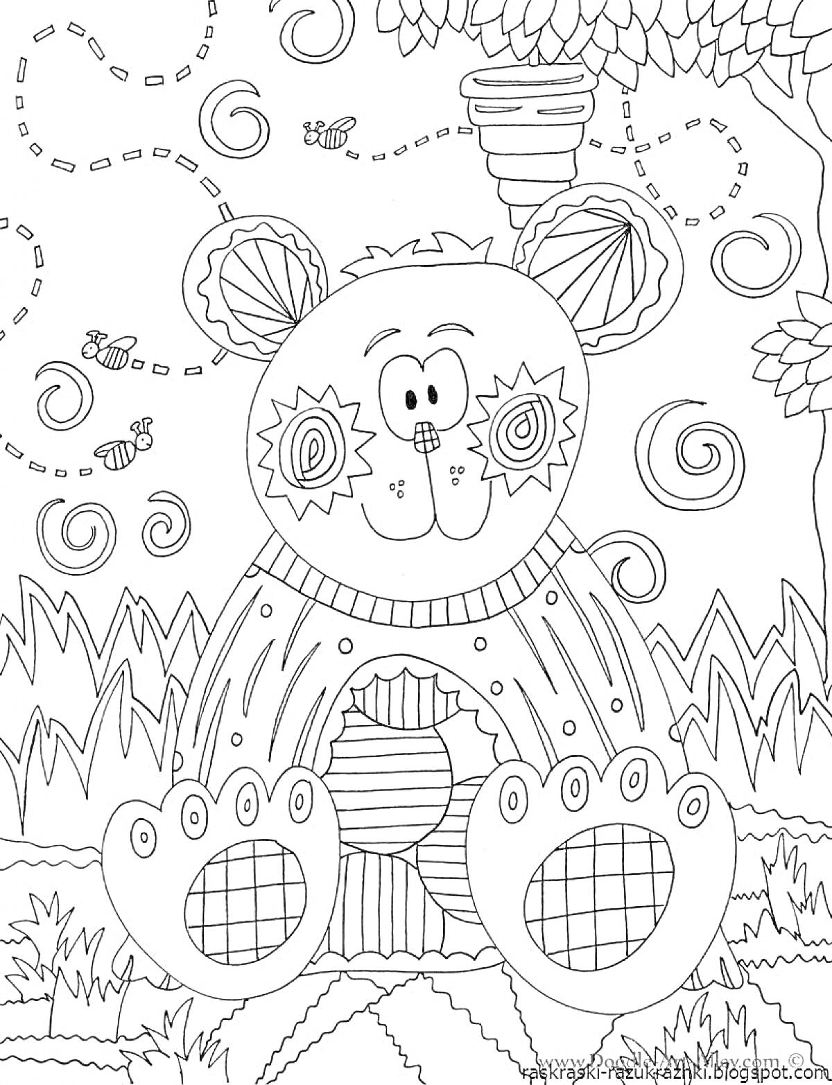 Раскраска Мишка под деревом с ульем и пчелами