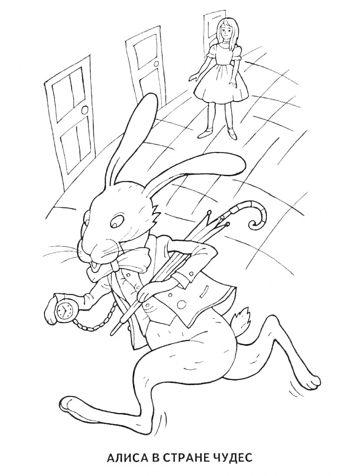 На раскраске изображено: Алиса, Часы, Дверь, Страна чудес, Убегает, Девочка, Кролик