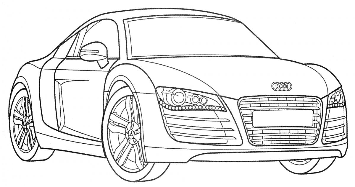 На раскраске изображено: Audi, Спортивная машина, Кузов, Колёса, Фары