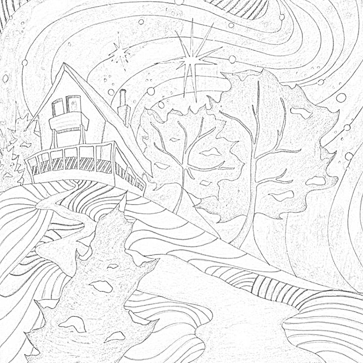 Раскраска Дом на холме под северным сиянием с большими деревьями на фоне