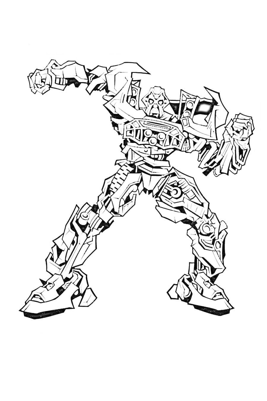 Раскраска Робот-трансформер с поднятыми руками, имеющий массивное тело с механическими деталями и ножные приводные устройства