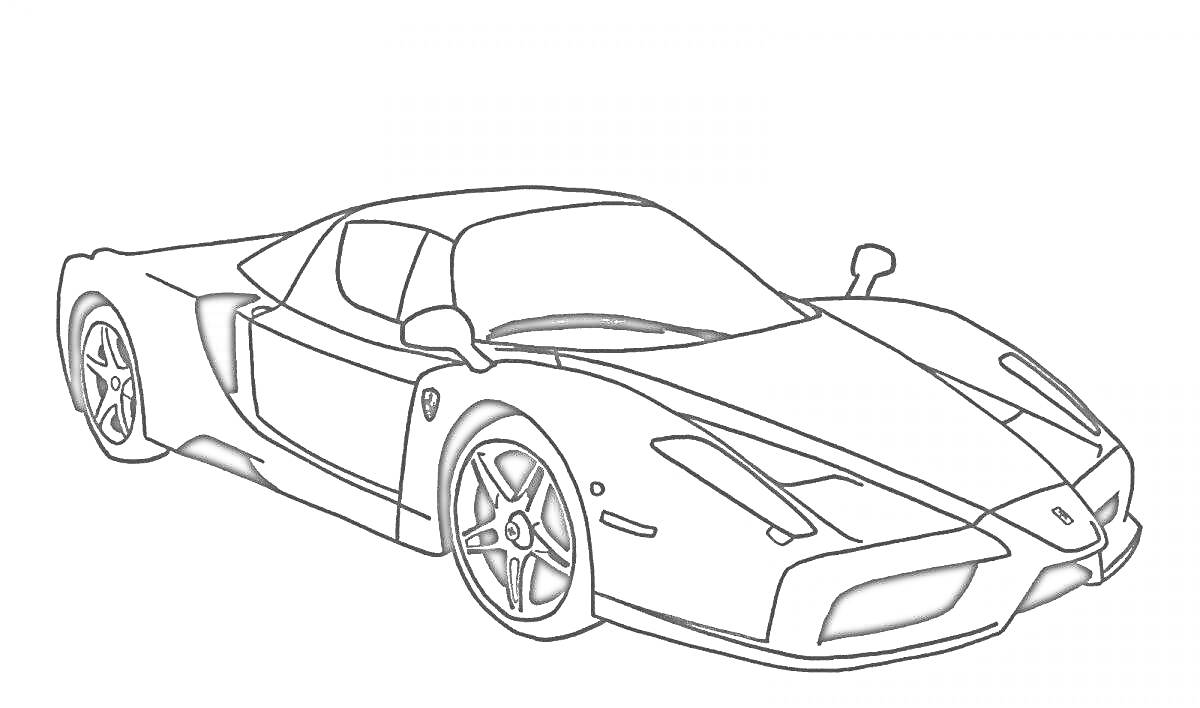 Раскраска Спортивный автомобиль с элементами кузова, боковыми зеркалами и колёсами