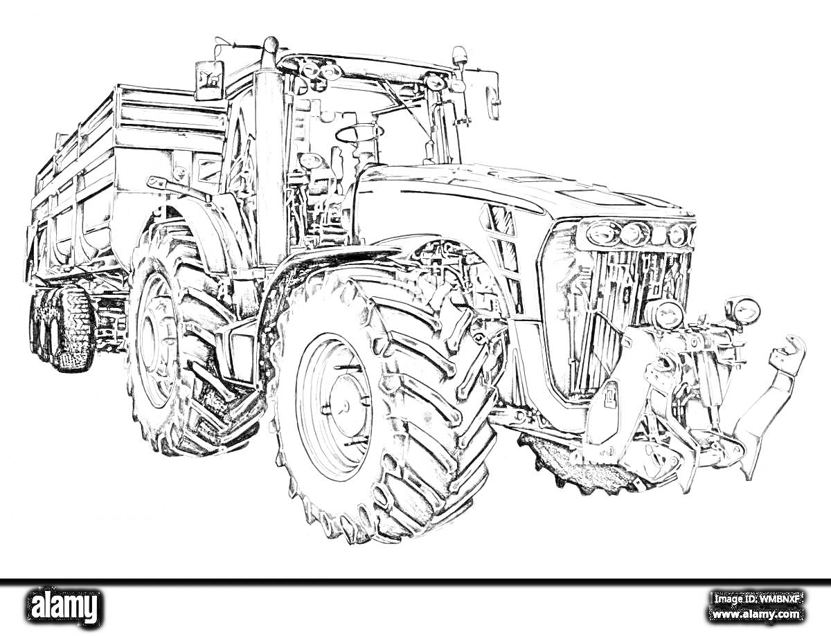 Раскраска Трактор с телегой и большими колёсами