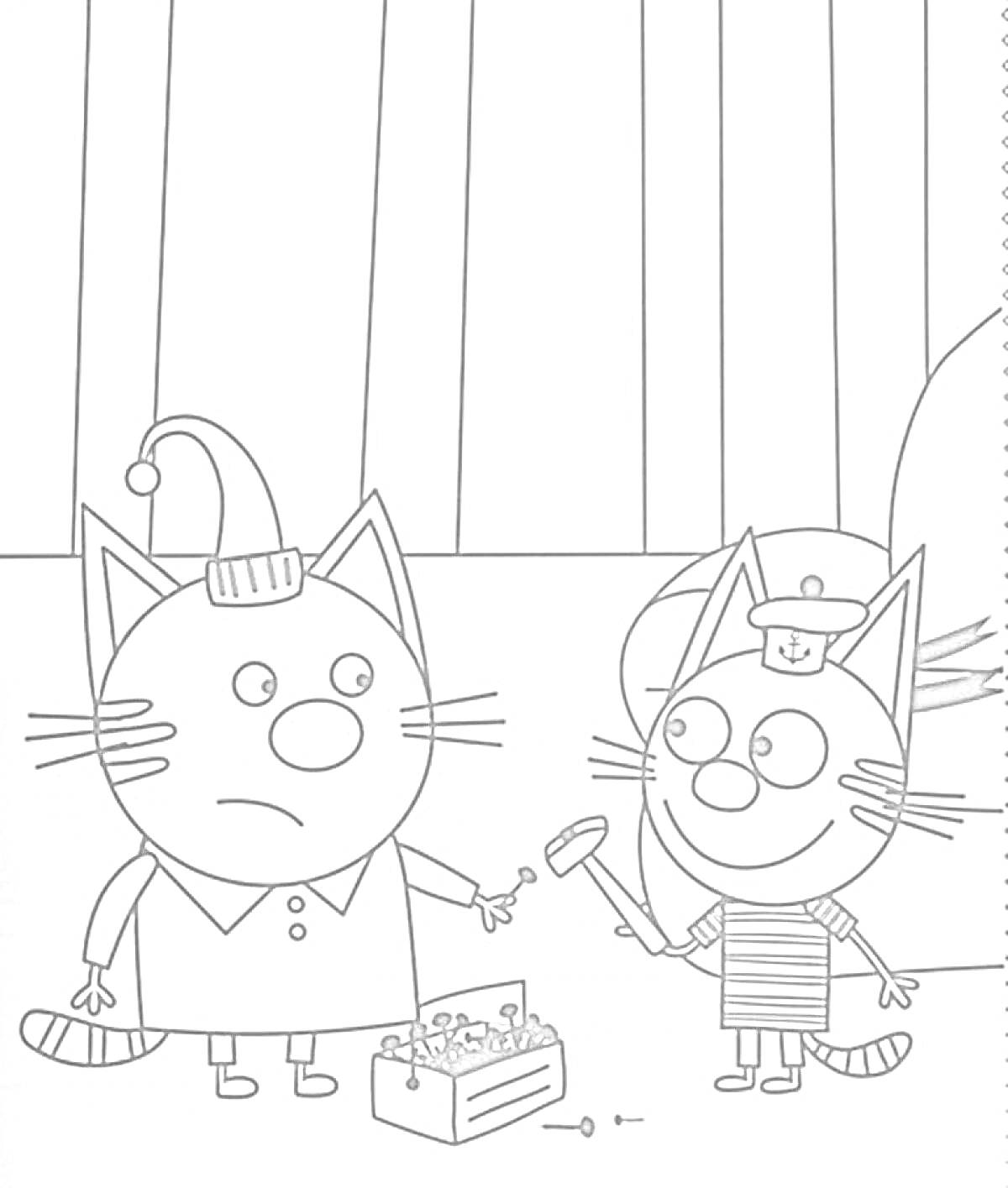 Раскраска Два кота в головных уборах держат инструменты, перед ними стоит коробка с инструментами.