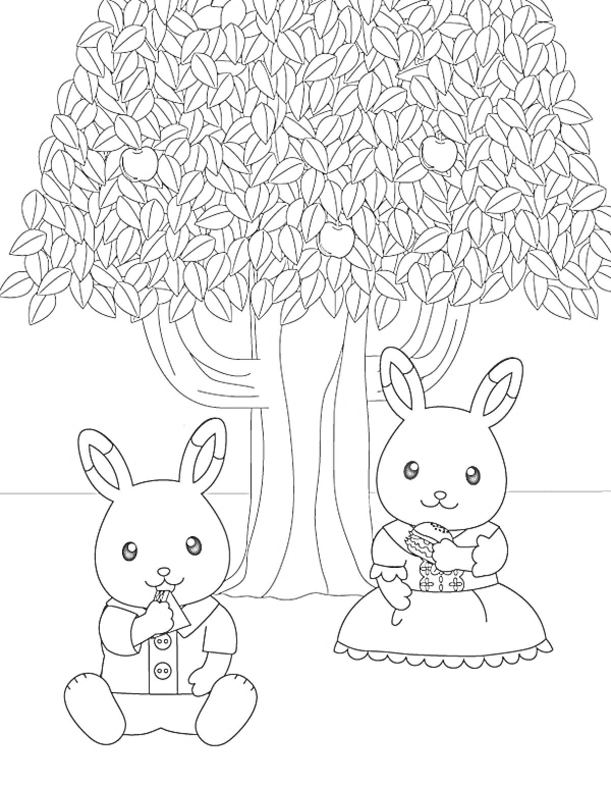 Раскраска Два кролика под деревом с яблоками