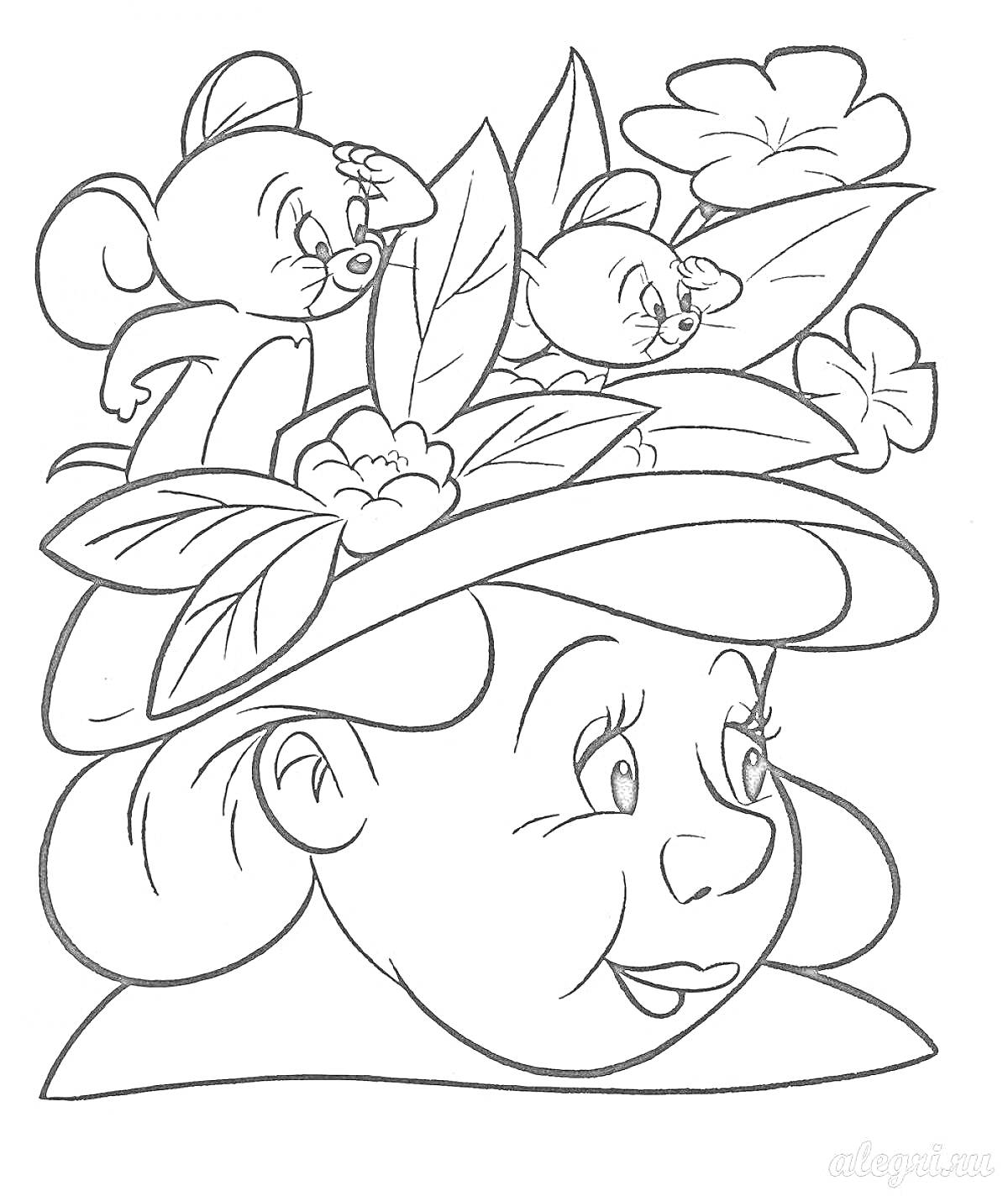 На раскраске изображено: Девочка, Лицо, Шляпа, Цветы, Листья, Фунтик