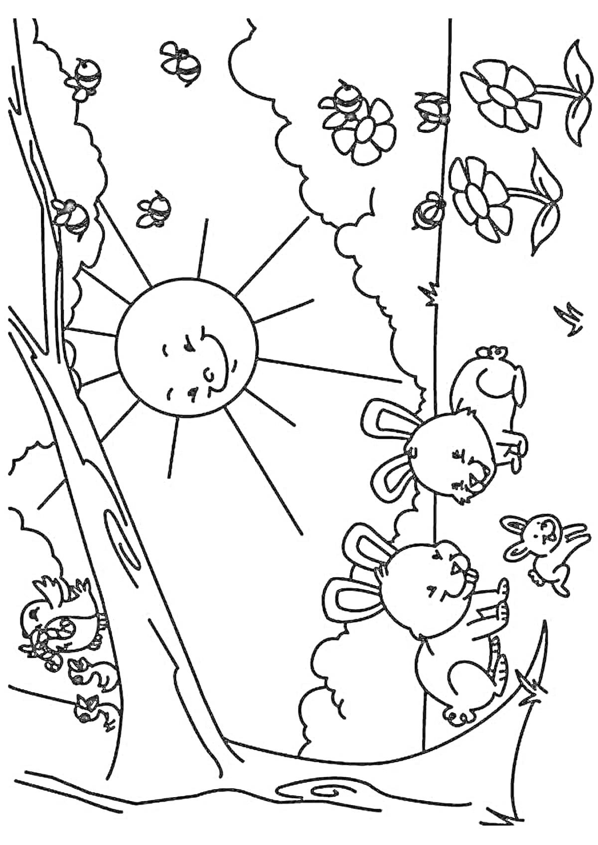 На раскраске изображено: Весна, Природа, Солнце, Облака, Цыплята, Цветы, Трава, Небо, Птица, Кролик, Деревья