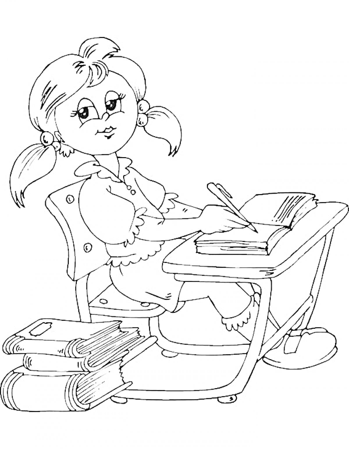 Раскраска девочка, сидящая за школьной партой, пишет в тетради, со стопкой книг под партой