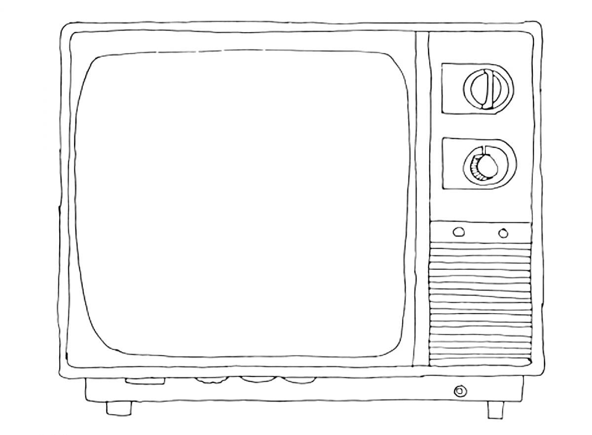На раскраске изображено: Телевизор, Экран, Винтаж, Кнопки, Динамики, Ретро
