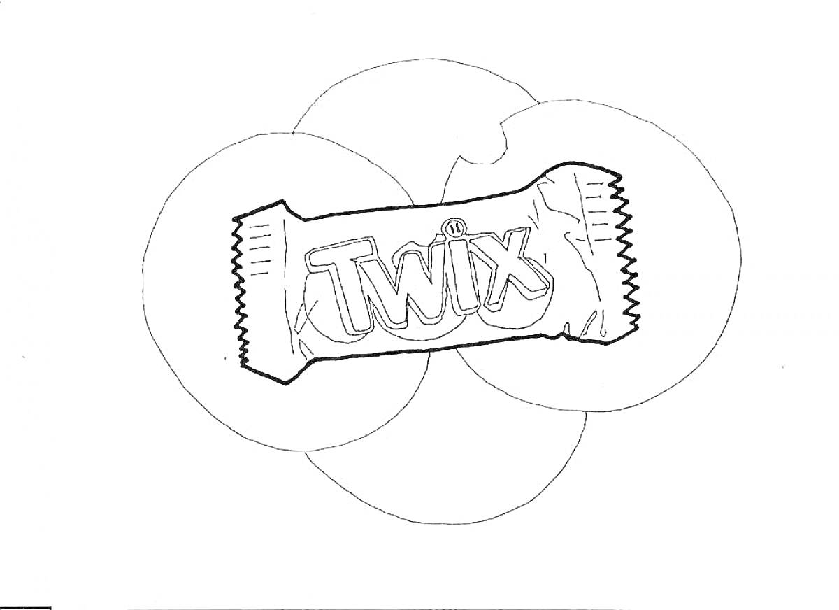 На раскраске изображено: Twix, Упаковка, Шоколадный батончик, Круги, Фон, Сладости