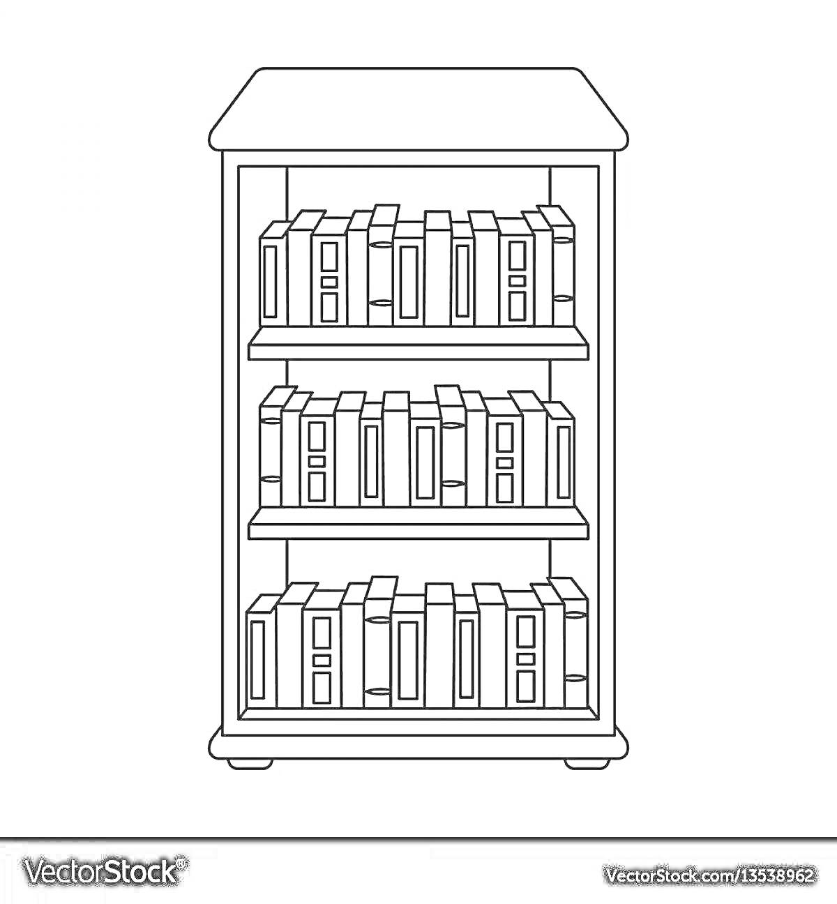 Раскраска Книжная полка с книгами в три ряда