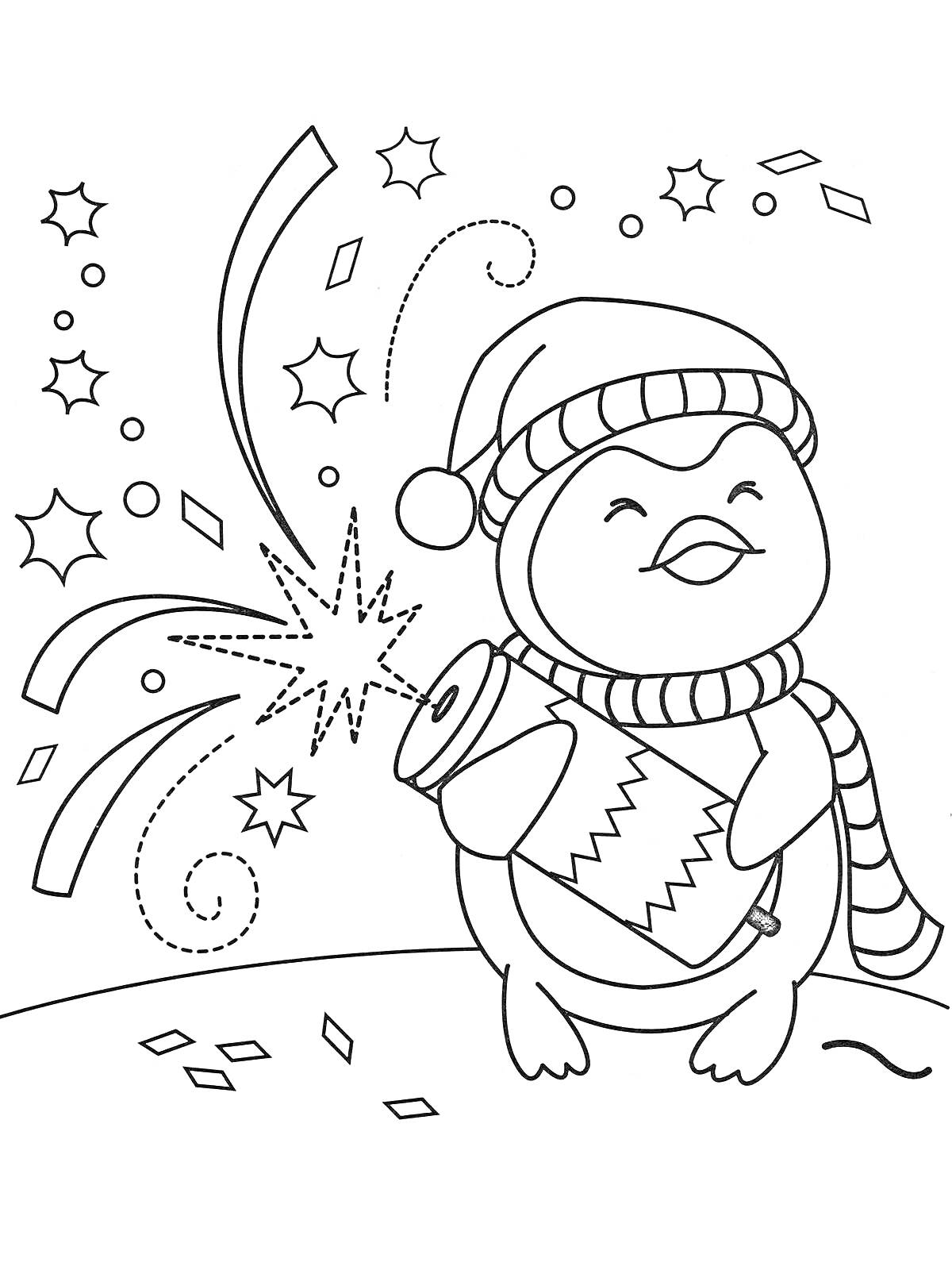 Раскраска Пингвин в шапке и шарфе с хлопушкой на новогодней ночи, окружённый звёздами и конфетти