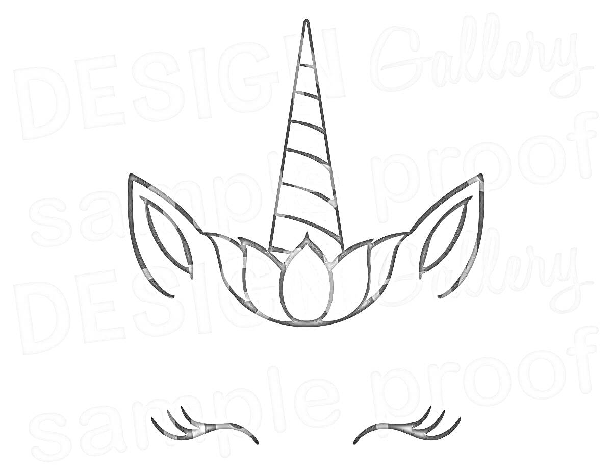 Раскраска Рог единорога с ушами, цветком и ресницами