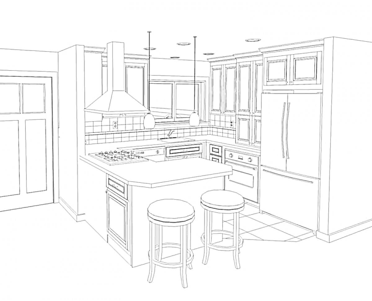 Современная кухня с островом, плитой, вытяжкой, шкафами, холодильником, раковиной и двумя стульями