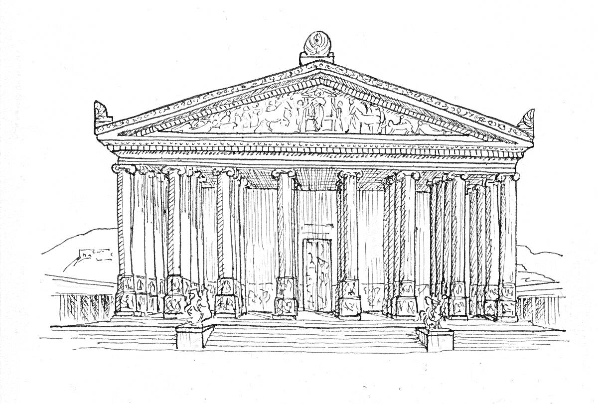 Раскраска Древнегреческий храм с фронтоном, украшенным барельефом, колоннадой коринфского ордера, центральной дверью, статуями у входа и ступенями