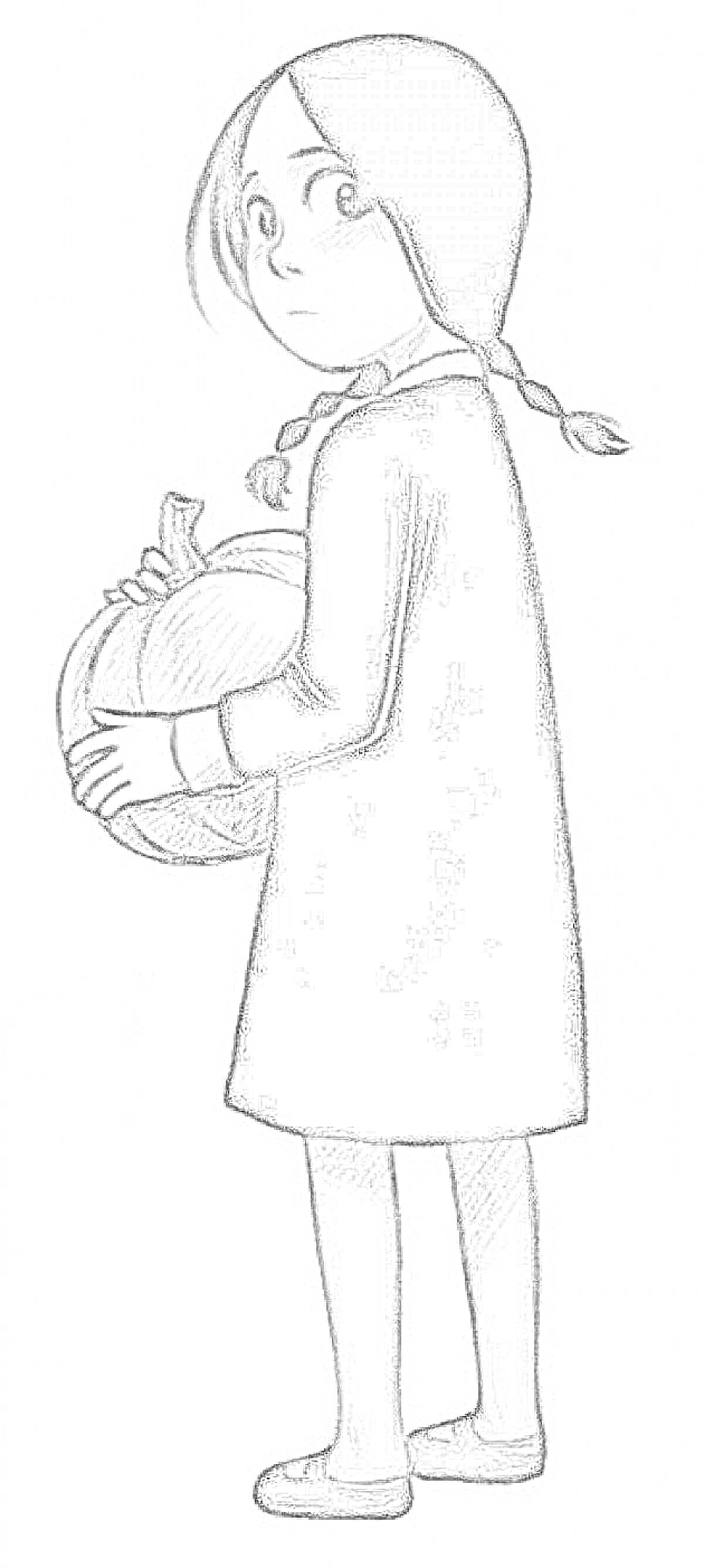Раскраска Девочка с двумя косичками в черном платье, держащая тыкву