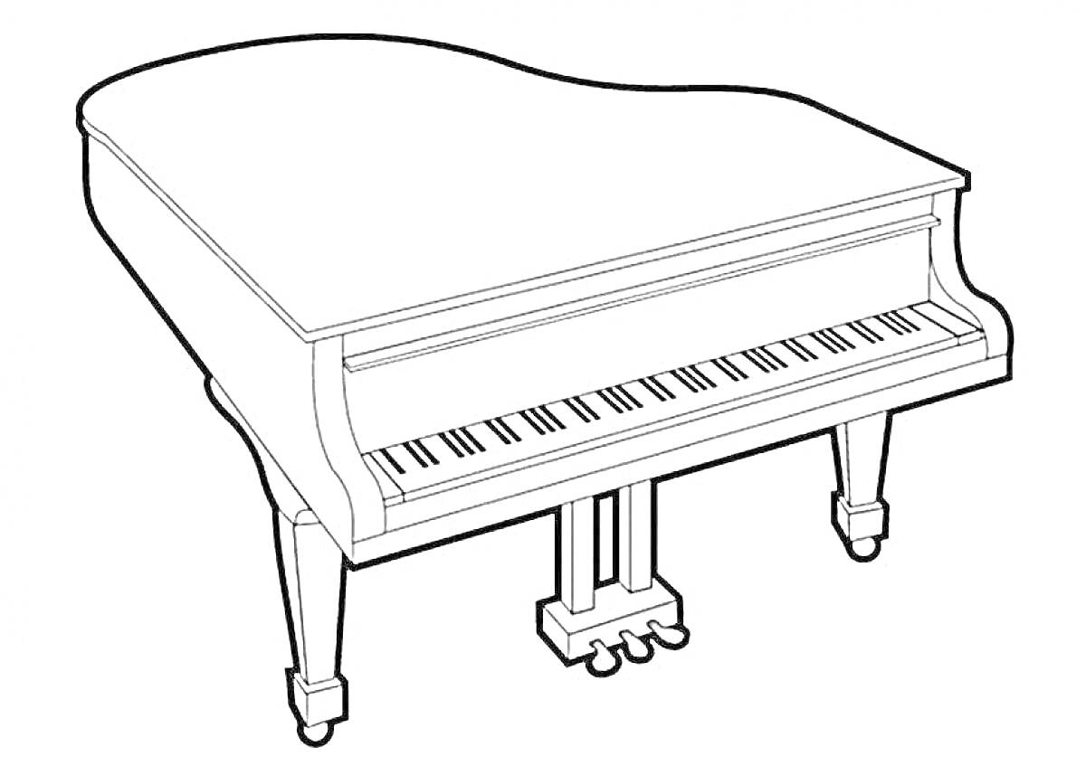 На раскраске изображено: Фортепиано, Рояль, Клавиши, Педали, Музыка, Инструмент