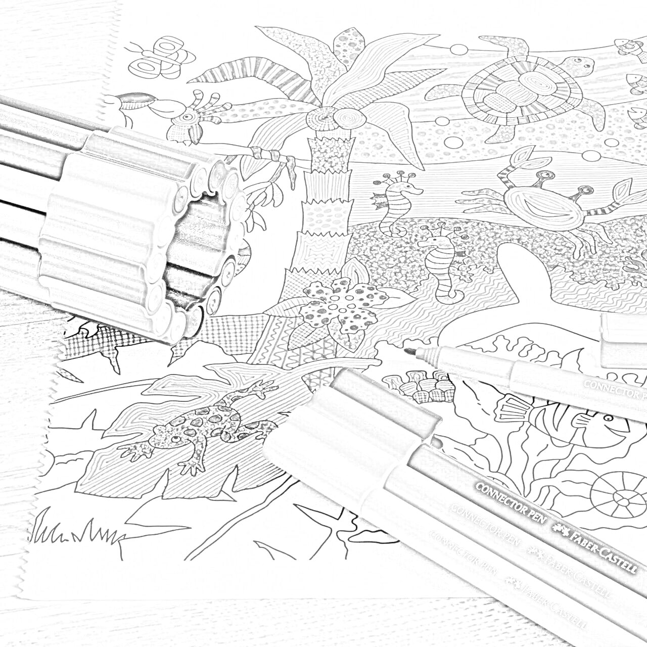 Раскраска Раскраска с пальмой и морскими обитателями, рядом стопка маркеров