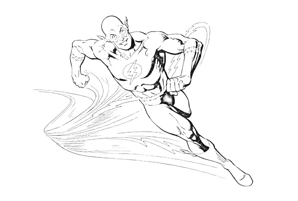 Раскраска Супергерой Флеш в пробежке с молнией на костюме и следом от скорости