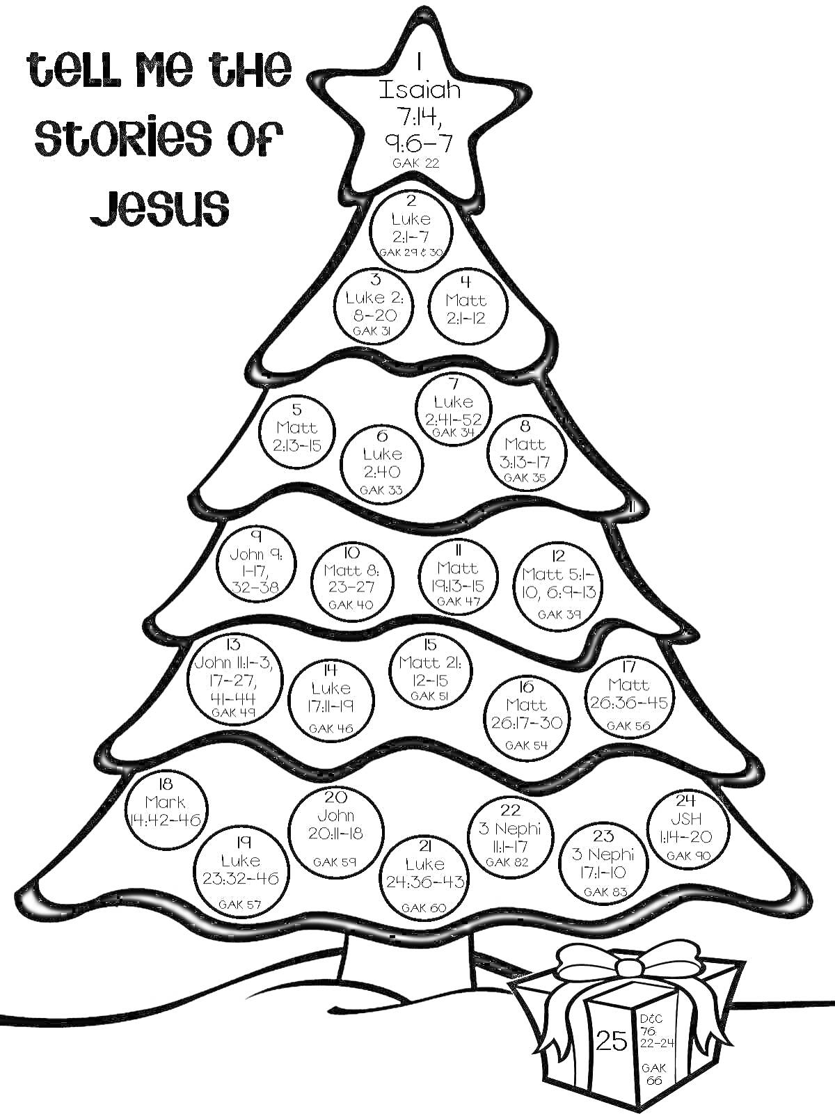 Раскраска адвент календарь в форме рождественской ёлки с номерами от 1 до 25 в кругах и текстом 