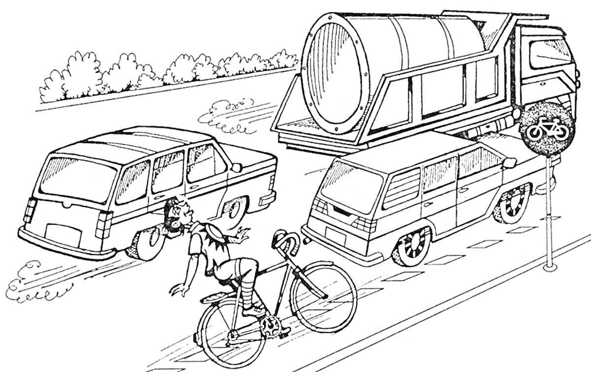 На раскраске изображено: Велосипедист, ДТП, Движение, Безопасность, Велосипедная дорожка, Транспорт