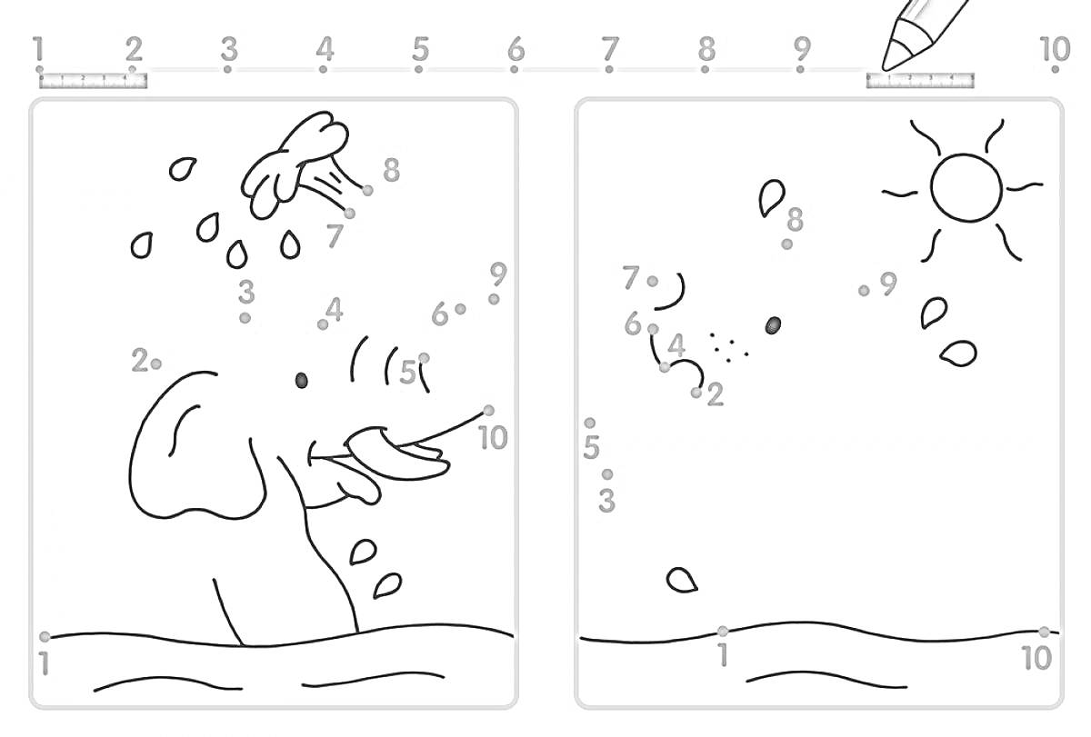 На раскраске изображено: Соедини точки, Цифры, Слон, Рыба, Солнце, Вода