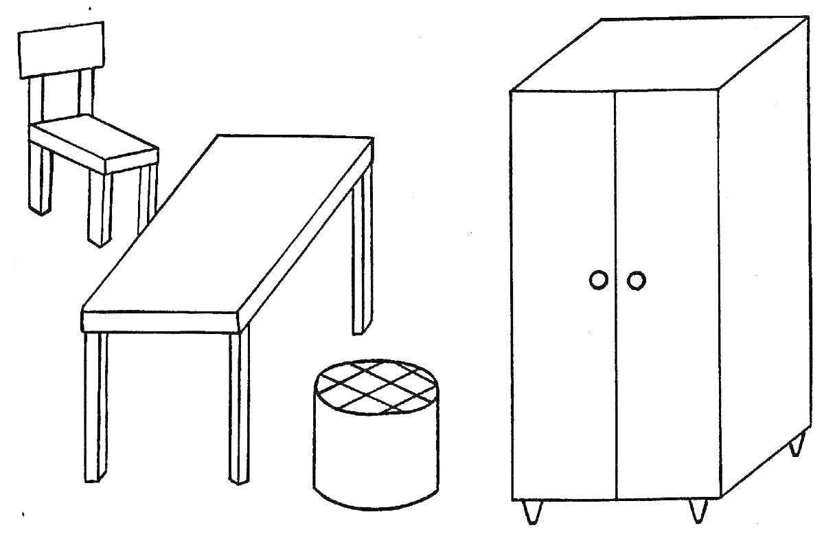 Раскраска Стул, стол, табурет и шкаф