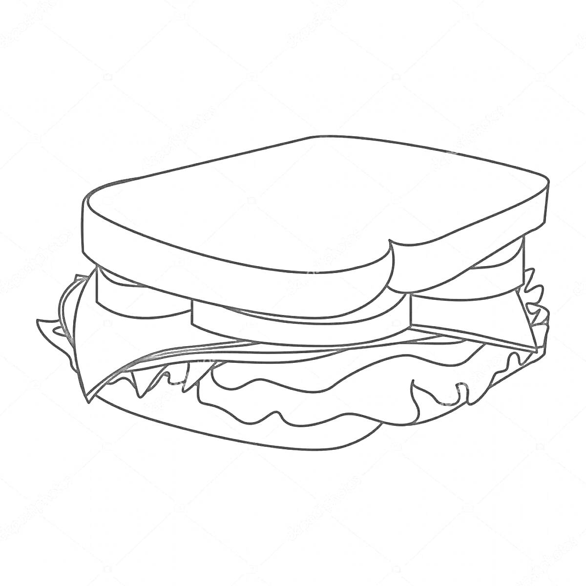 На раскраске изображено: Сэндвич, Еда, Листья салата, Сыр, Мясо, Бутерброд