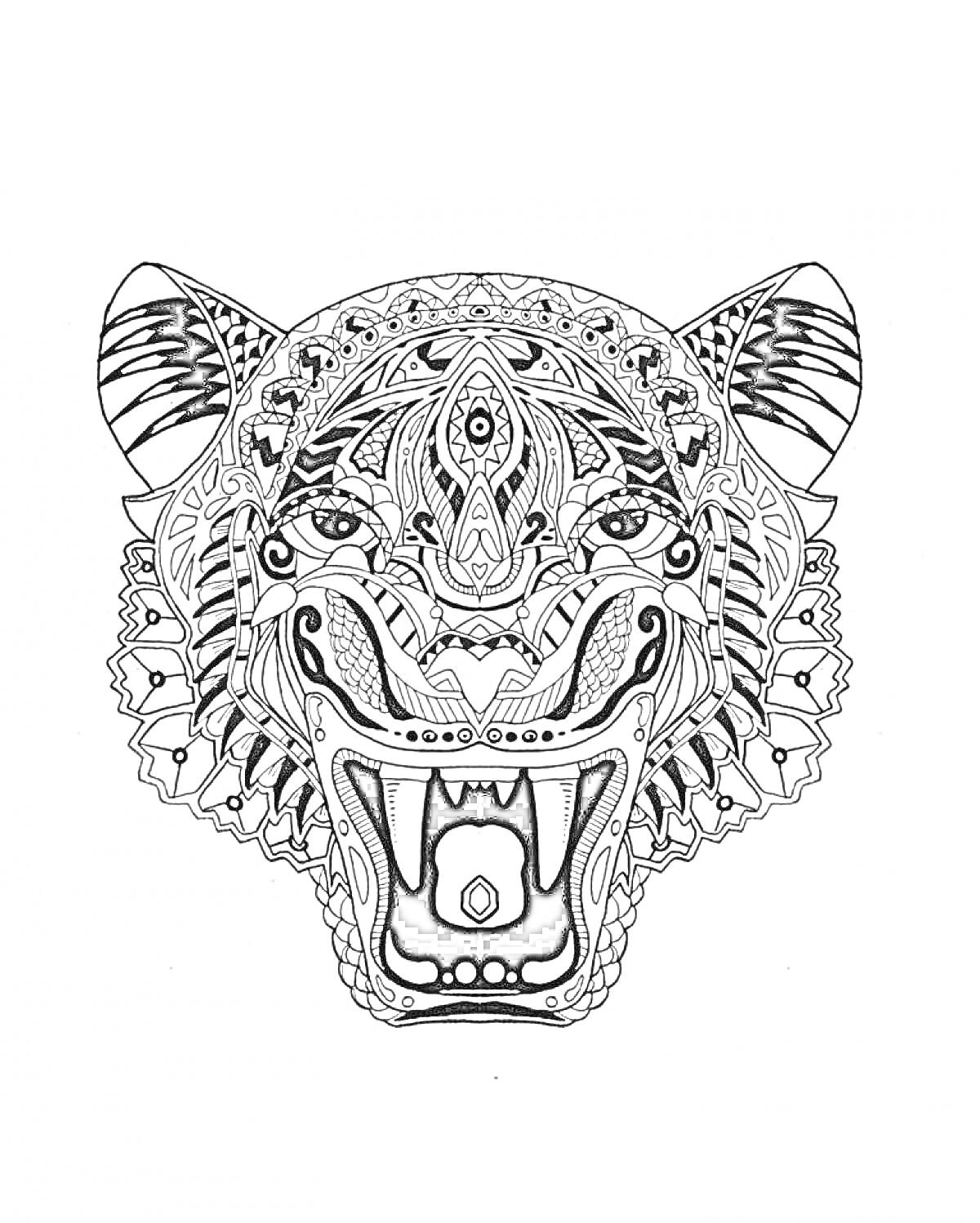 Раскраска Тигр с открылой пастью в антистрессовом раскрасочном стиле, с детализированными узорами, включая спирали, точки и цветочные орнаменты