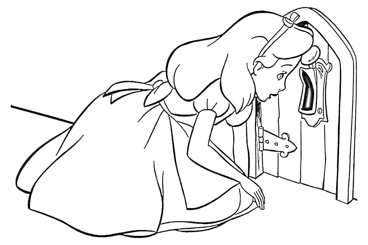 На раскраске изображено: Алиса, Замочная скважина, Платье, Лента, Волосы, Дверь, Девочка