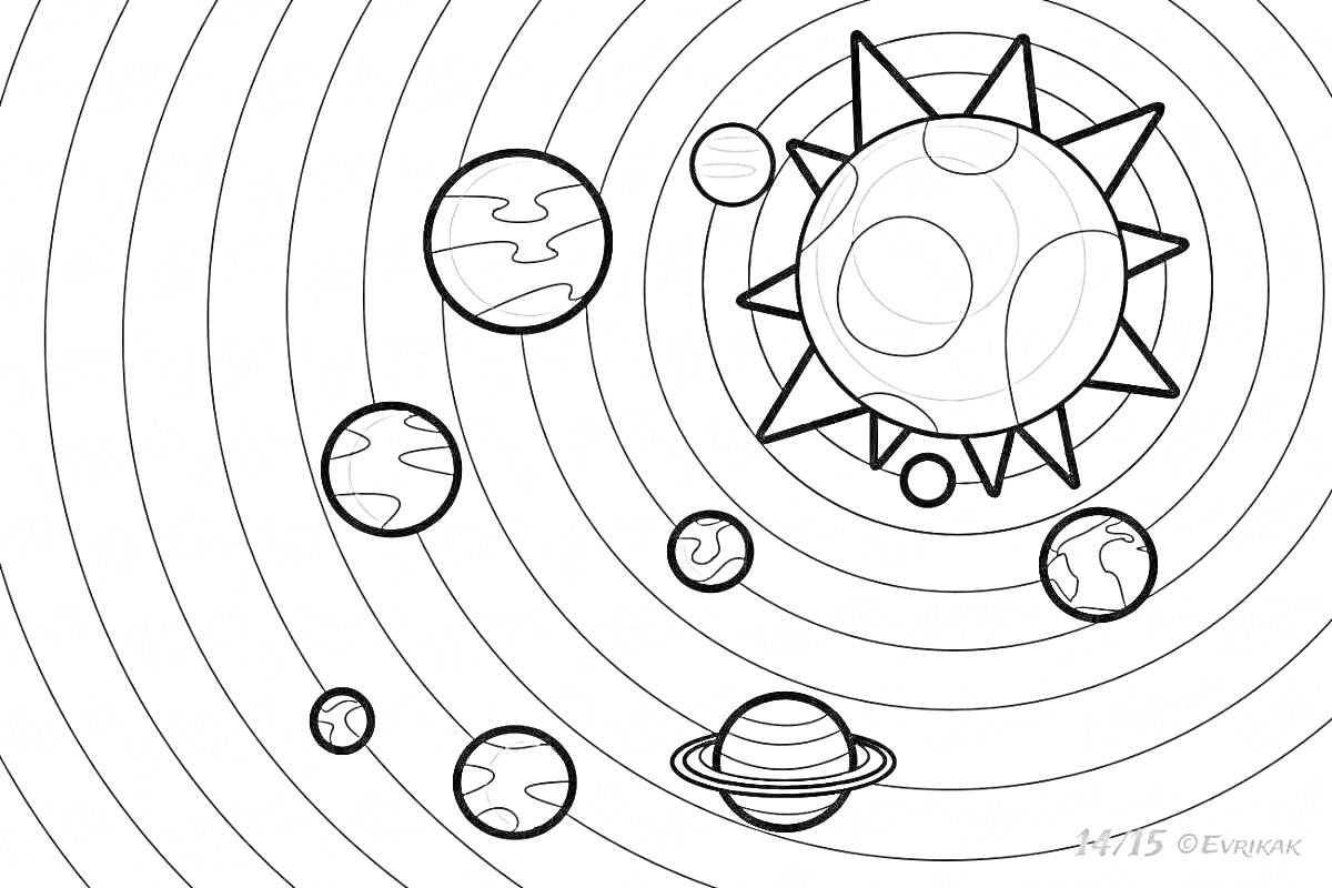 Раскраска Солнечная система с планетами и Солнцем, окруженными орбитальными линиями