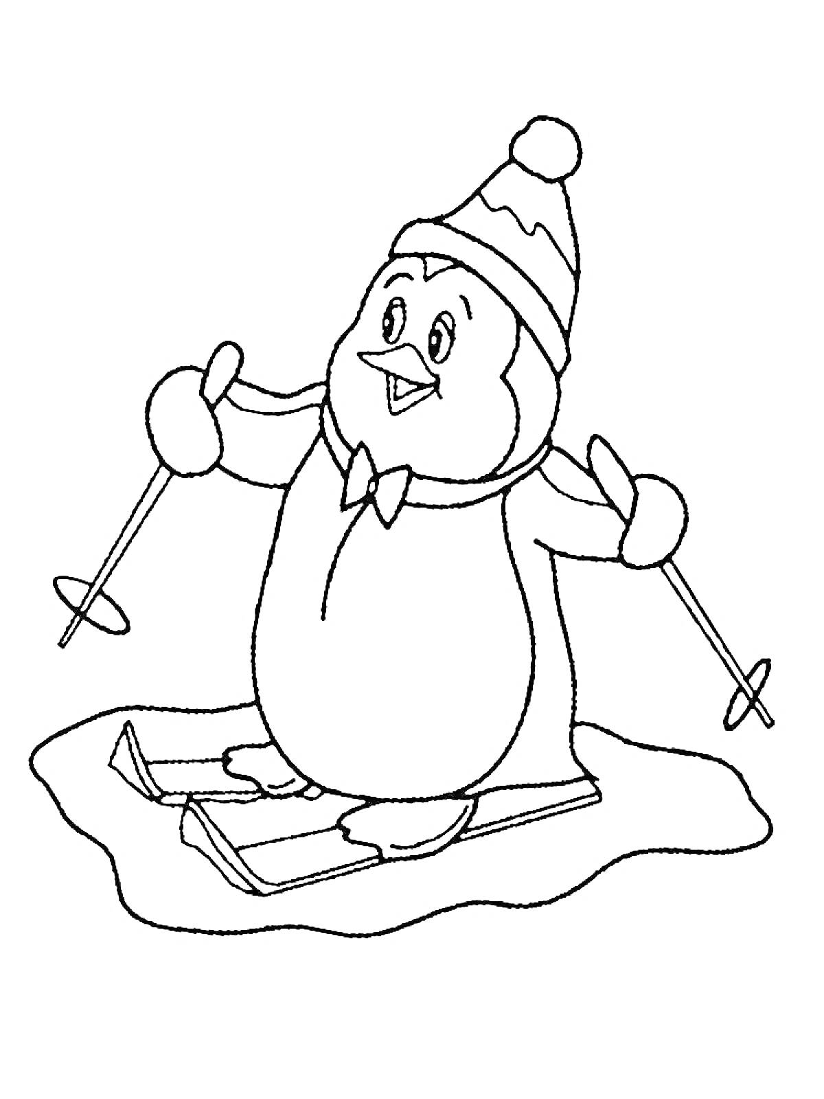 Раскраска Пингвин на лыжах с лыжными палками в шапке и шарфике, на фоне льда