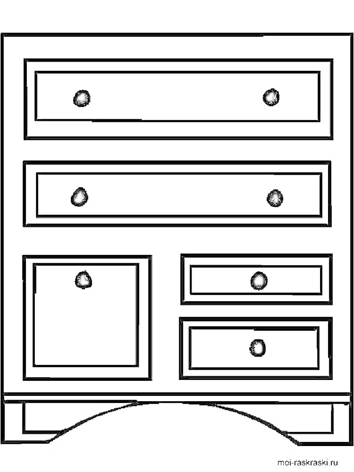 Раскраска Комод с пятью ящиками и одной дверцей